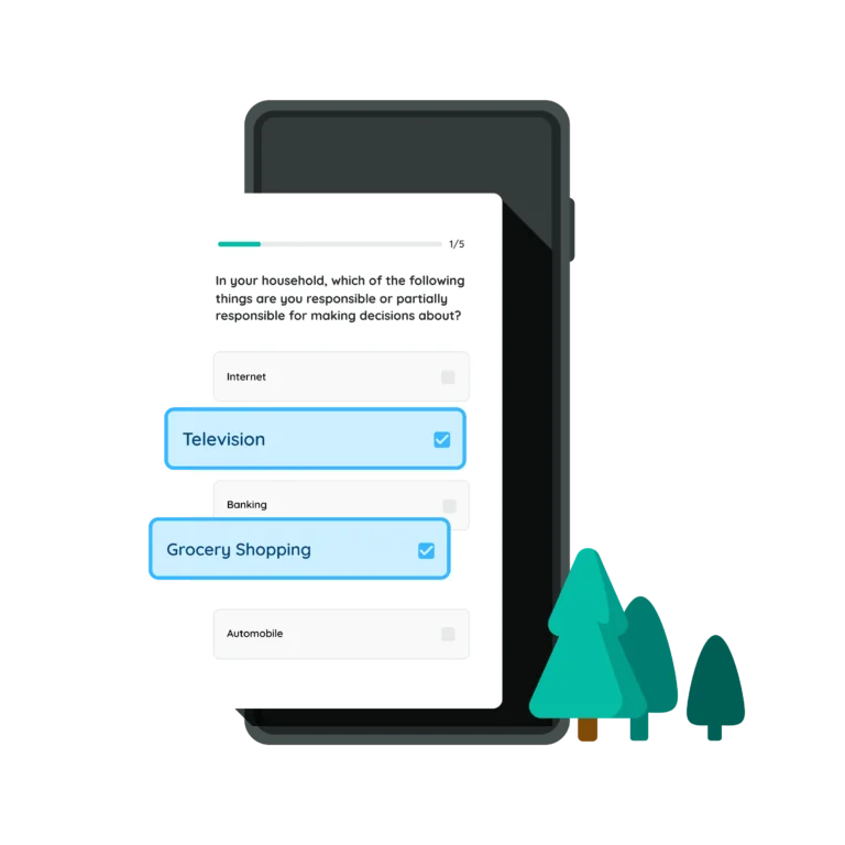 Image with a mockup phone with a survey screen from Jagger survey rewards app and paid survey app with trees around